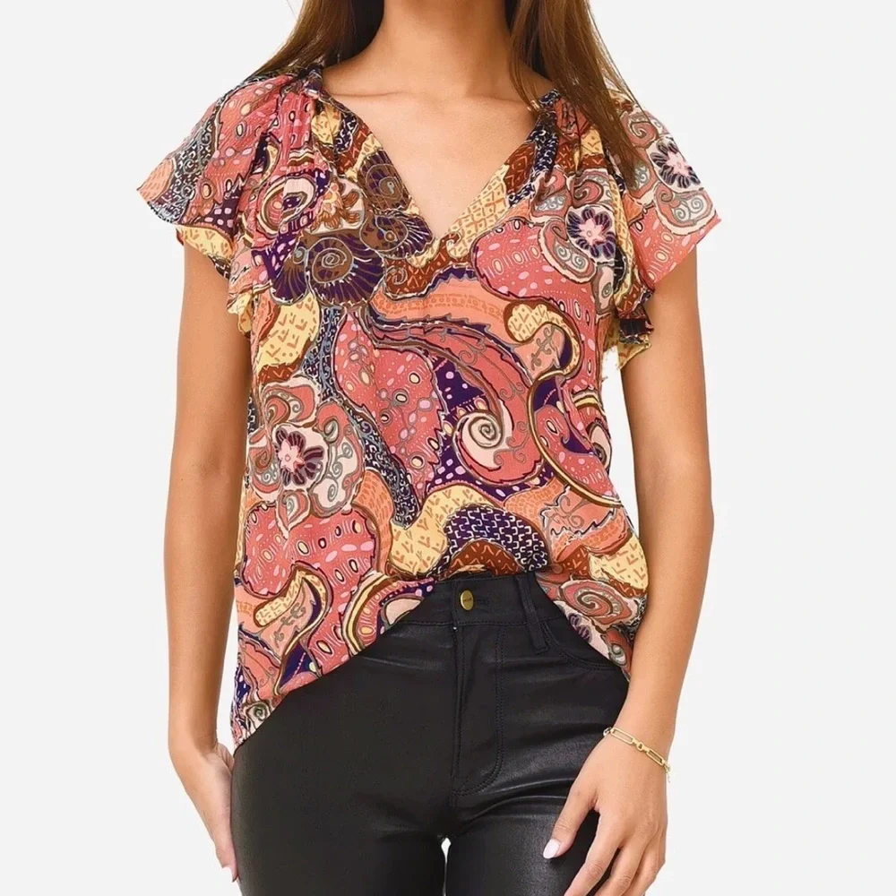 A.L.C. “June” Orange & Pink Paisley Floral 100% Silk Short Flutter Sleeve Top 10 - Picture 2 of 10
